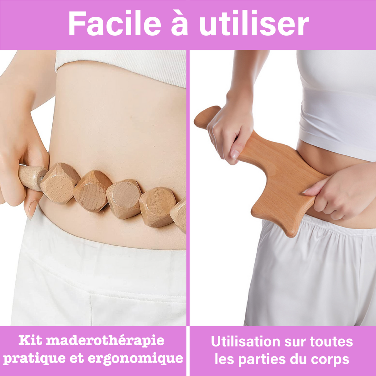 une image qui contient deux autres images qui montre deux femmes en train d'appliquer le rouleau anti cellulite et le boomerang sur leures peaux 